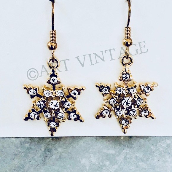 Gold Clear Crystals Christmas Holiday Snowflake Drop Earrings - Picture 3 of 4